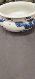 A Chinese blue and white tripod censer with figures in a mountainous landscape, Kangxi