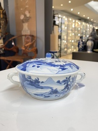A pair of Chinese blue and white bowls and covers, Kangxi