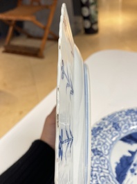 Three Chinese blue and white 'Mongolian hunt' dishes, Chenghua mark, Kangxi