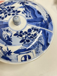 A pair of Chinese blue and white bowls and covers, Kangxi
