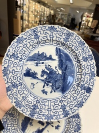 Three Chinese blue and white 'Mongolian hunt' dishes, Chenghua mark, Kangxi