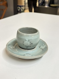 A Korean inlaid celadon cup on a stand, probably Goryeo, 13/14th C.