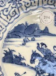 Three Chinese blue and white 'Mongolian hunt' dishes, Chenghua mark, Kangxi