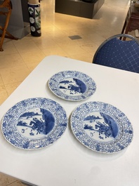 Three Chinese blue and white 'Mongolian hunt' dishes, Chenghua mark, Kangxi
