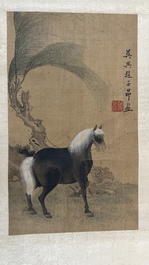 Suiveur de Zhao Mengfu 趙孟頫 (1254-1322): 'Quatre chevaux', encre et couleurs sur soie, 19/20&egrave;me
