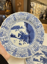Three Chinese blue and white 'Mongolian hunt' dishes, Chenghua mark, Kangxi