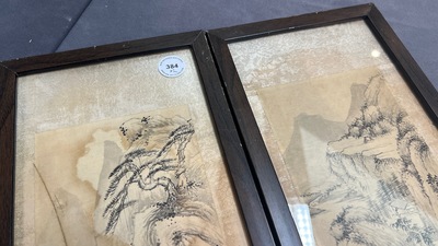 Qi Gong 啟功 (1912-2005): 'Berglandschappen', inkt op papier, gedateerd 1999