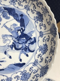 Three Chinese blue and white 'Mongolian hunt' plates, Chenghua mark, Kangxi