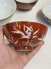 Five various Chinese famille rose and coral-red bowls, 19/20th C.