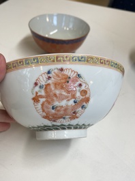 Five various Chinese famille rose and coral-red bowls, 19/20th C.
