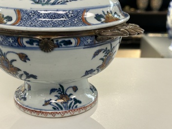 A rare Chinese doucai bowl and cover with silvered mounts, Kangxi/Yongzheng