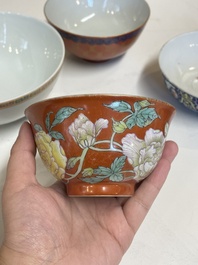 Five various Chinese famille rose and coral-red bowls, 19/20th C.