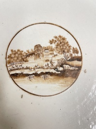A large Chinese export porcelain punch bowl and dish with a view on Philadelphia, Qianlong