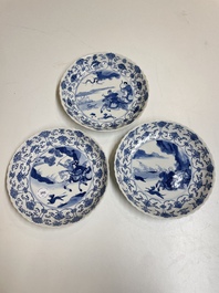 Three Chinese blue and white 'Mongolian hunt' plates, Chenghua mark, Kangxi