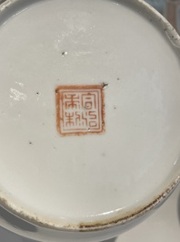 Vier Chinese famille rose en qianjiang cai kommen en een paar appels, 19/20e eeuw