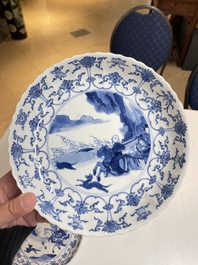 Three Chinese blue and white 'Mongolian hunt' plates, Chenghua mark, Kangxi
