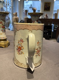 Une paire de vases en porcelaine de Chine famille rose aux montures en bronze dor&eacute; et une chope &agrave; sujet mandarin, Qianlong