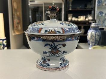 A rare Chinese doucai bowl and cover with silvered mounts, Kangxi/Yongzheng