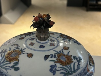 A rare Chinese doucai bowl and cover with silvered mounts, Kangxi/Yongzheng