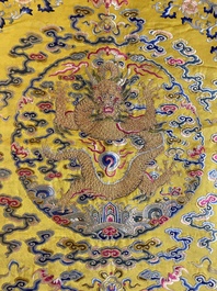 An imperial Chinese embroidered silk gold-thread yellow-ground cushion cover, 19th C.