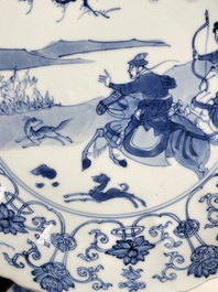 Three Chinese blue and white 'Mongolian hunt' plates, Chenghua mark, Kangxi
