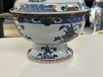 A rare Chinese doucai bowl and cover with silvered mounts, Kangxi/Yongzheng