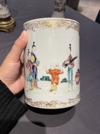 Une paire de vases en porcelaine de Chine famille rose aux montures en bronze dor&eacute; et une chope &agrave; sujet mandarin, Qianlong