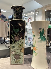 A square Chinese famille noire vase and a famille verte 'gu' vase, Kangxi mark, 19th C.