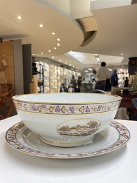 A large Chinese export porcelain punch bowl and dish with a view on Philadelphia, Qianlong