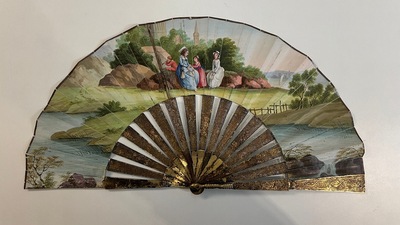&Eacute;ventail en argent filigrane dor&eacute; &agrave; sujet romantique en aquarelle sur papier, Canton, Chine, 18/19&egrave;me