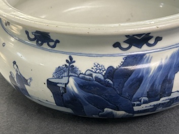 A Chinese blue and white tripod censer with figures in a mountainous landscape, Kangxi
