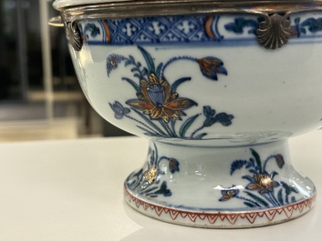 A rare Chinese doucai bowl and cover with silvered mounts, Kangxi/Yongzheng