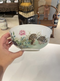 A Chinese famille rose 'quails' bowl, Yongzheng mark, 20th C.
