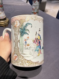 Une paire de vases en porcelaine de Chine famille rose aux montures en bronze dor&eacute; et une chope &agrave; sujet mandarin, Qianlong