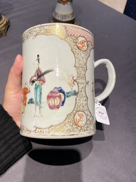 Une paire de vases en porcelaine de Chine famille rose aux montures en bronze dor&eacute; et une chope &agrave; sujet mandarin, Qianlong