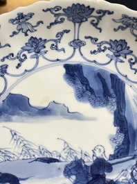 Three Chinese blue and white 'Mongolian hunt' plates, Chenghua mark, Kangxi