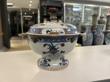 A rare Chinese doucai bowl and cover with silvered mounts, Kangxi/Yongzheng