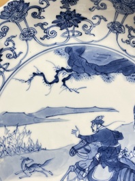 Three Chinese blue and white 'Mongolian hunt' plates, Chenghua mark, Kangxi
