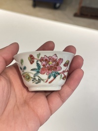 Seven Chinese famille rose cups and saucers, Yongzheng