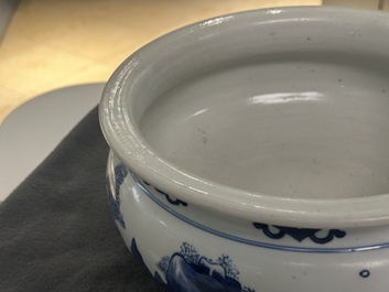 A Chinese blue and white tripod censer with figures in a mountainous landscape, Kangxi