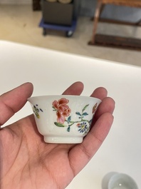Seven Chinese famille rose cups and saucers, Yongzheng