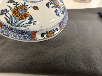 A rare Chinese doucai bowl and cover with silvered mounts, Kangxi/Yongzheng