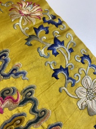 An imperial Chinese embroidered silk gold-thread yellow-ground cushion cover, 19th C.