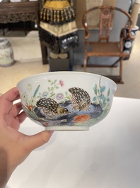 A Chinese famille rose 'quails' bowl, Yongzheng mark, 20th C.
