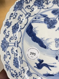 Three Chinese blue and white 'Mongolian hunt' plates, Chenghua mark, Kangxi