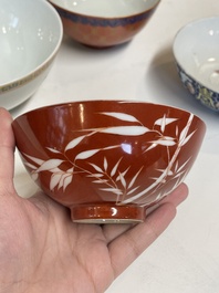 Five various Chinese famille rose and coral-red bowls, 19/20th C.