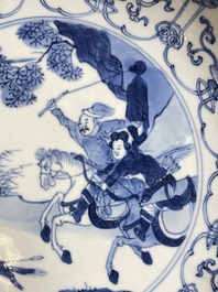 Three Chinese blue and white 'Mongolian hunt' plates, Chenghua mark, Kangxi