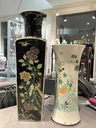 A square Chinese famille noire vase and a famille verte 'gu' vase, Kangxi mark, 19th C.