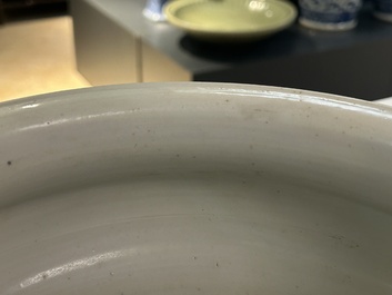 A Chinese blue and white tripod censer with figures in a mountainous landscape, Kangxi