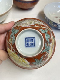 Five various Chinese famille rose and coral-red bowls, 19/20th C.